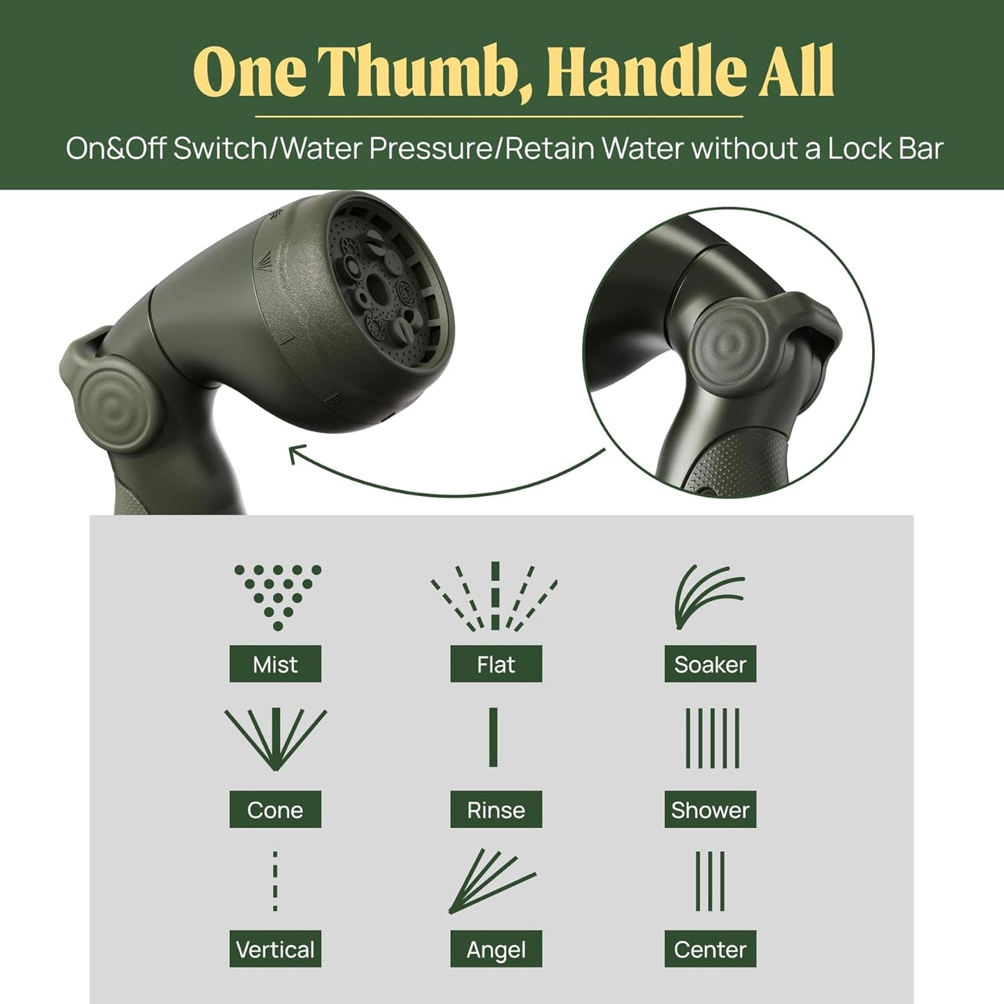 Garden Hose Nozzle - 9 Spray Patterns, Metal, Thumb Control, On/Off Valve, High Pressure Heavy Duty Water Hose Spray Nozzle for Gardening, Lawn Care, and Cleaning Tasks-Seaweed Green