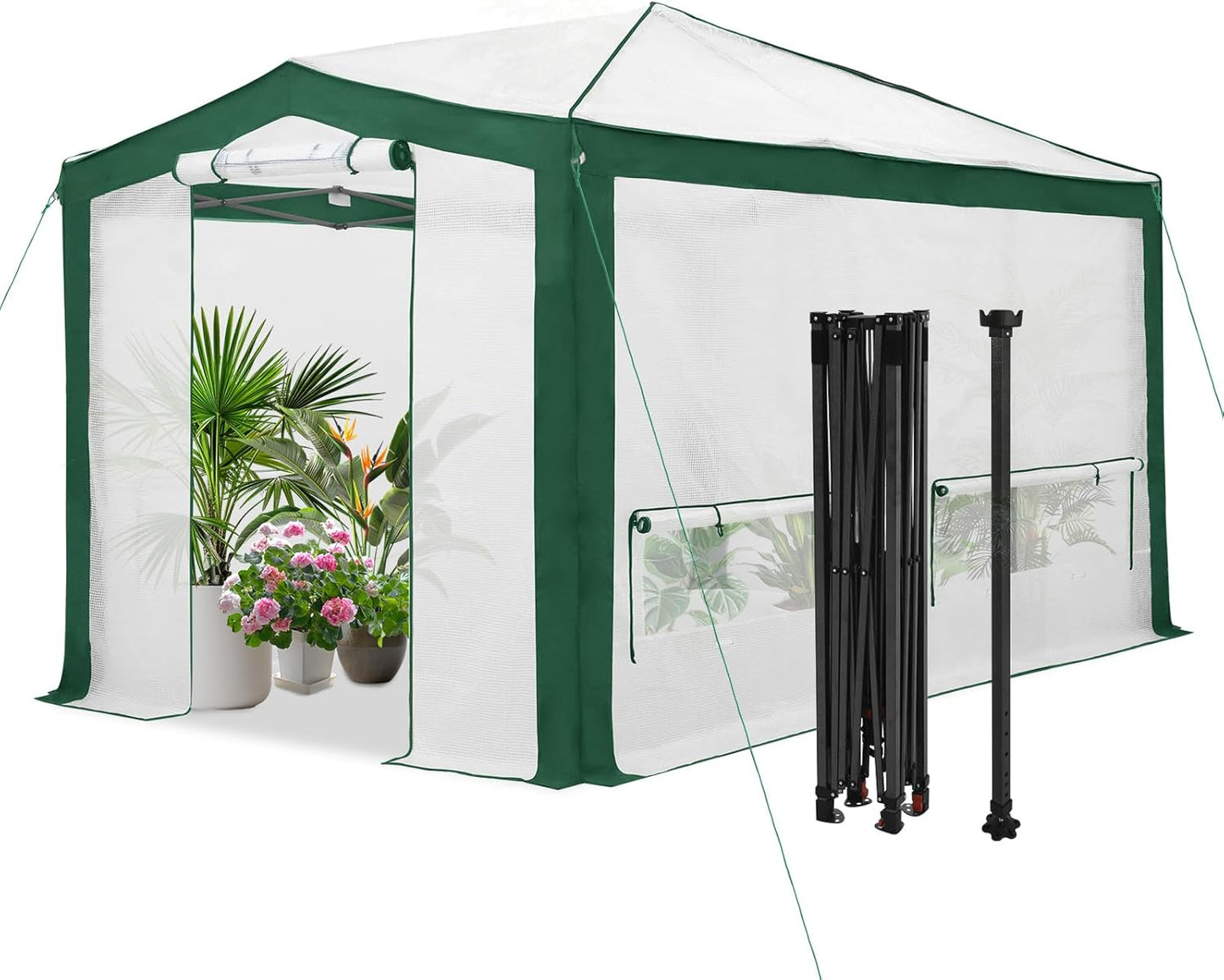 EAGLE PEAK 12x8 Portable Walk in Greenhouse with Polyester Reinforced Corners, Instant Pop up Indoor Outdoor Gardening Green House, Roll Up Zipper Entry Doors and Mesh Windows, Green/White
