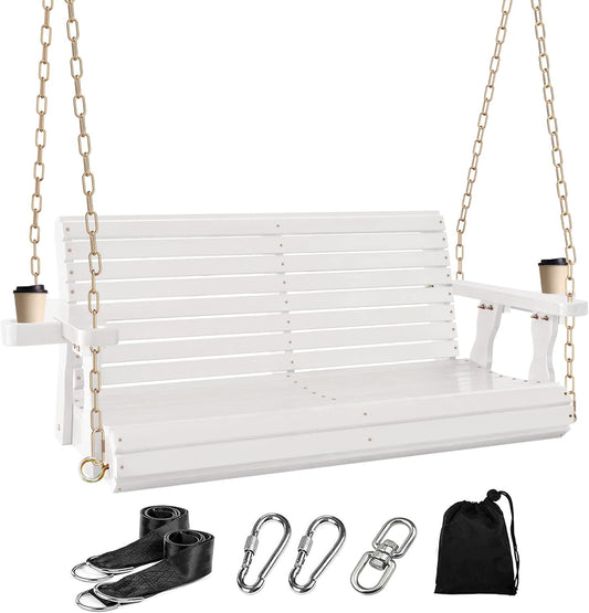 4FT Wooden Porch Swing w/Cupholders,Heavy Duty 800LBS Outdoor Swing Bench w/Chains,Patio Roll Back Swing Chair Bench,Front Porch 2-Person Hanging Bench,for Garden Courtyard Lawn & Balcony