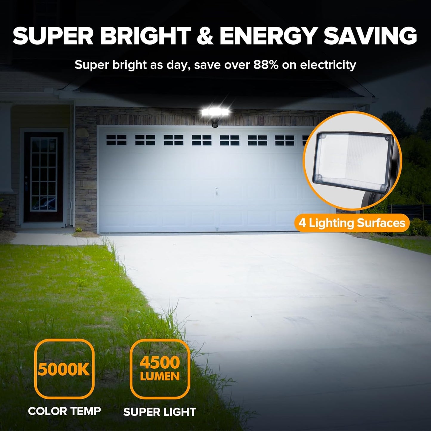 UME 49W LED Security Lights Motion Sensor Light Outdoor, 5000K Daylight, IP65 Waterproof, Dusk to Dawn, 3 Head Motion Detected Flood Light for Garage, Yard, Porch (Black)