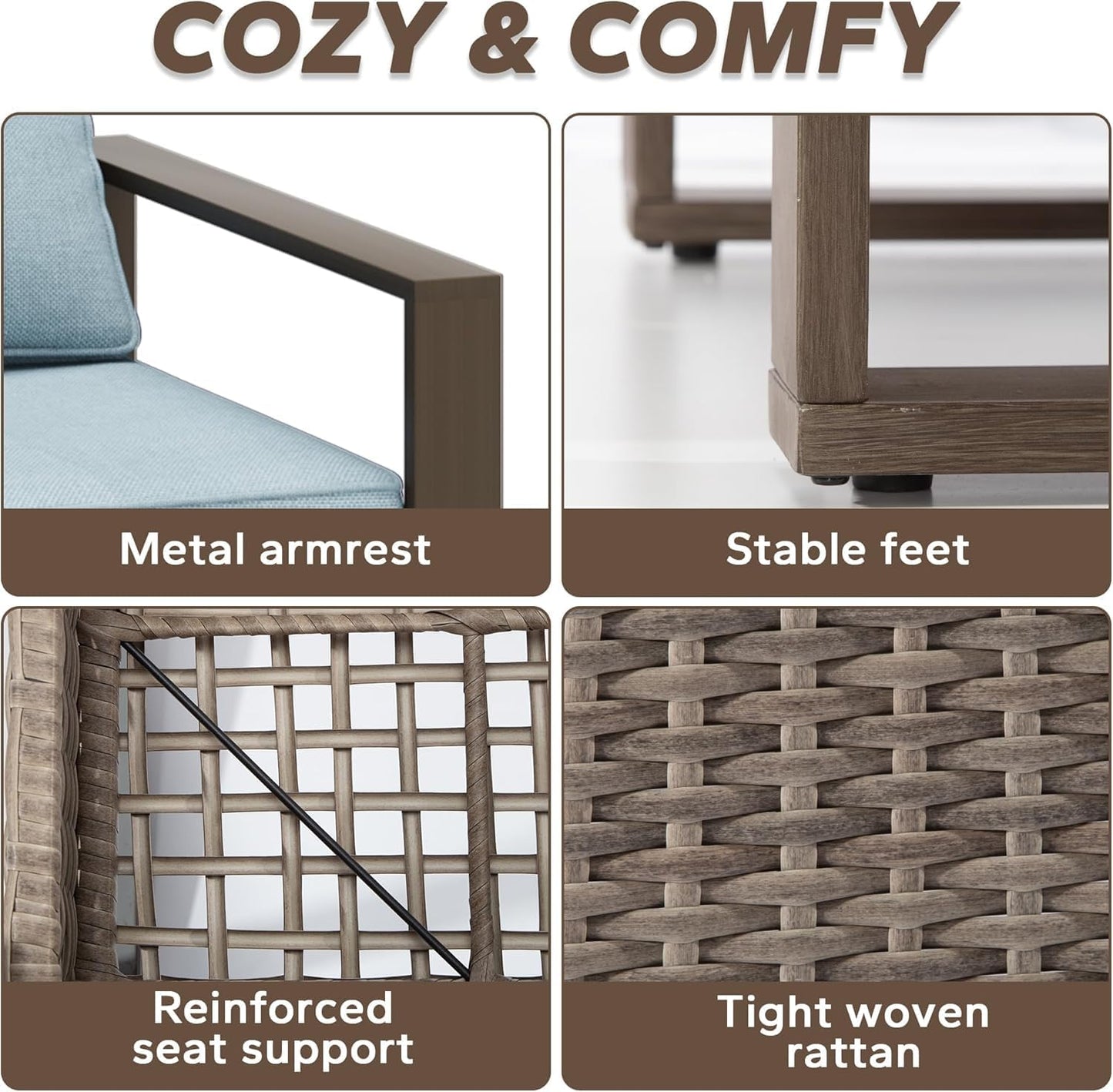 Patio Metal Wicker Chairs Set of 2, All Weather Outdoor Rattan Dining Chairs with Rectangular Framed Wood-Looking Armrest & Fade-Resistant Cushions for Deck Balcony Backyard, Baby Blue