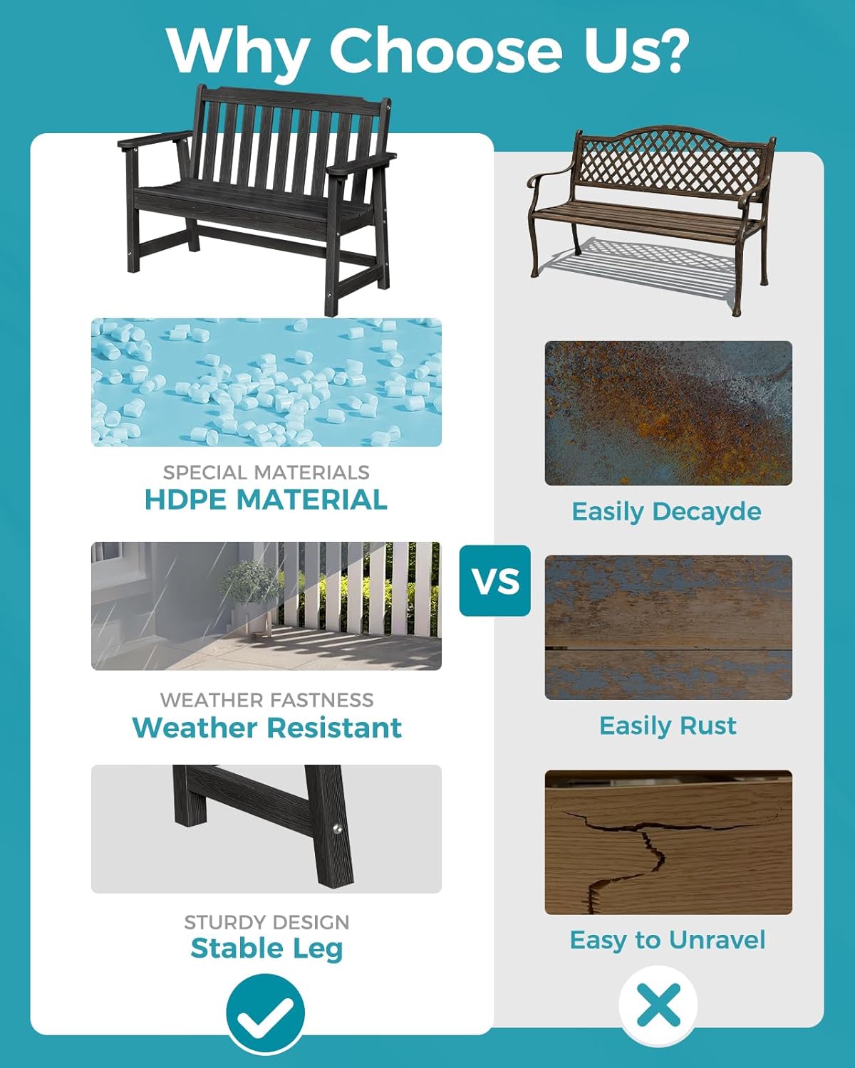 Outdoor Bench, 2-Person HDPE Garden Bench, All Weather Poly Patio Bench for Outdoors, Garden, Backyard, Porch and Park, 660 lbs Weight Capacity, Black