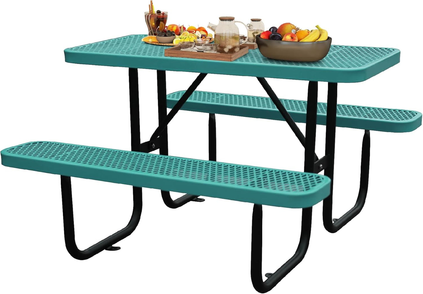 4FT Metal Picnic Tables for Outdoors, Commercial Rectangular Picnic Table and Bench Set for Outside, Patio, Garden, Backyard, Porch, Surface Mount, Green