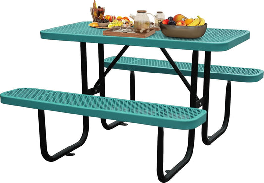4FT Metal Picnic Tables for Outdoors, Commercial Rectangular Picnic Table and Bench Set for Outside, Patio, Garden, Backyard, Porch, Surface Mount, Green