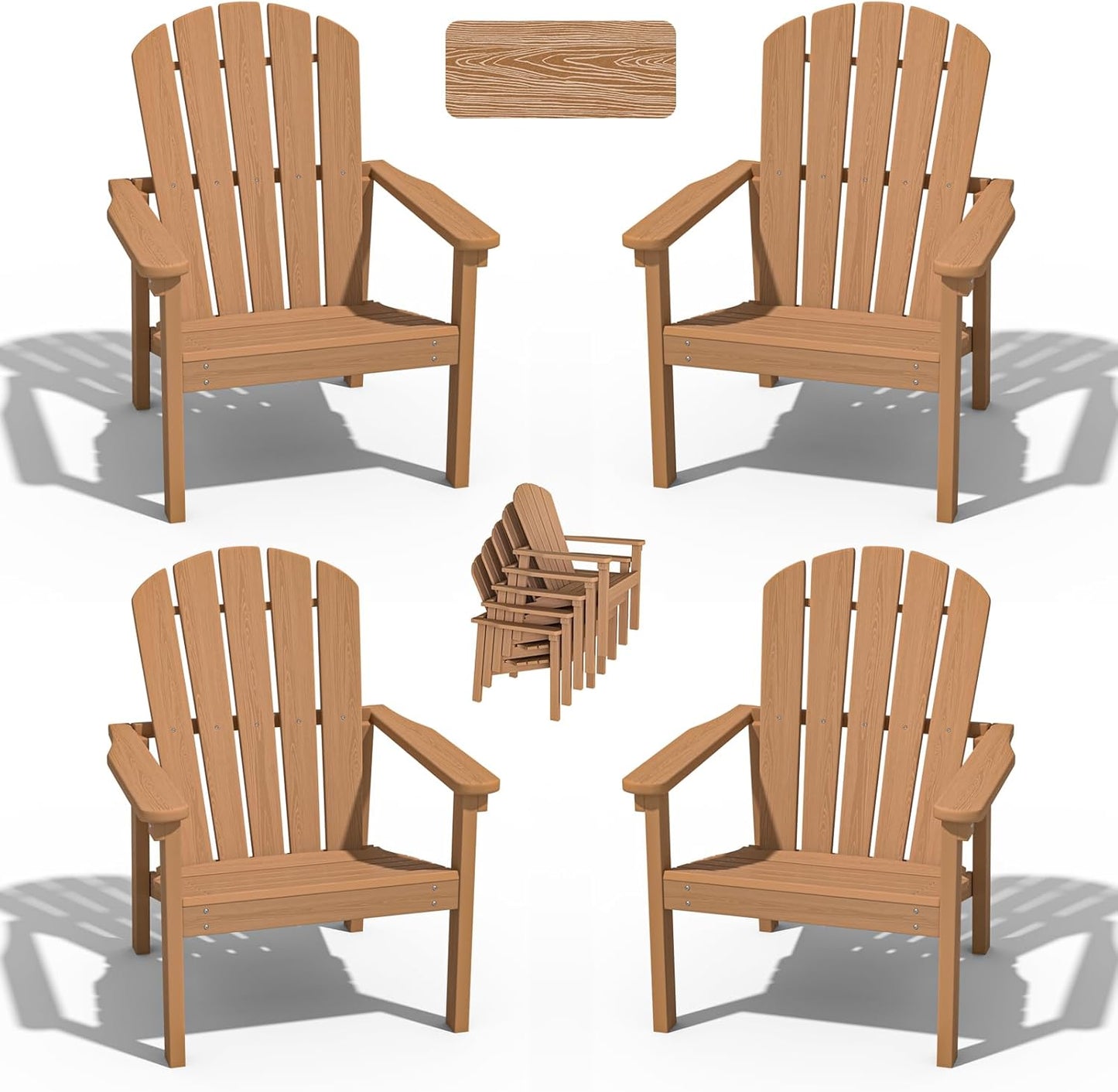 Stackable Adirondack Chair Set of 4, HDPE Outdoor Patio Chair - Durable and Space Saving, Suitable for Porches, Lawns or Garden, Teak