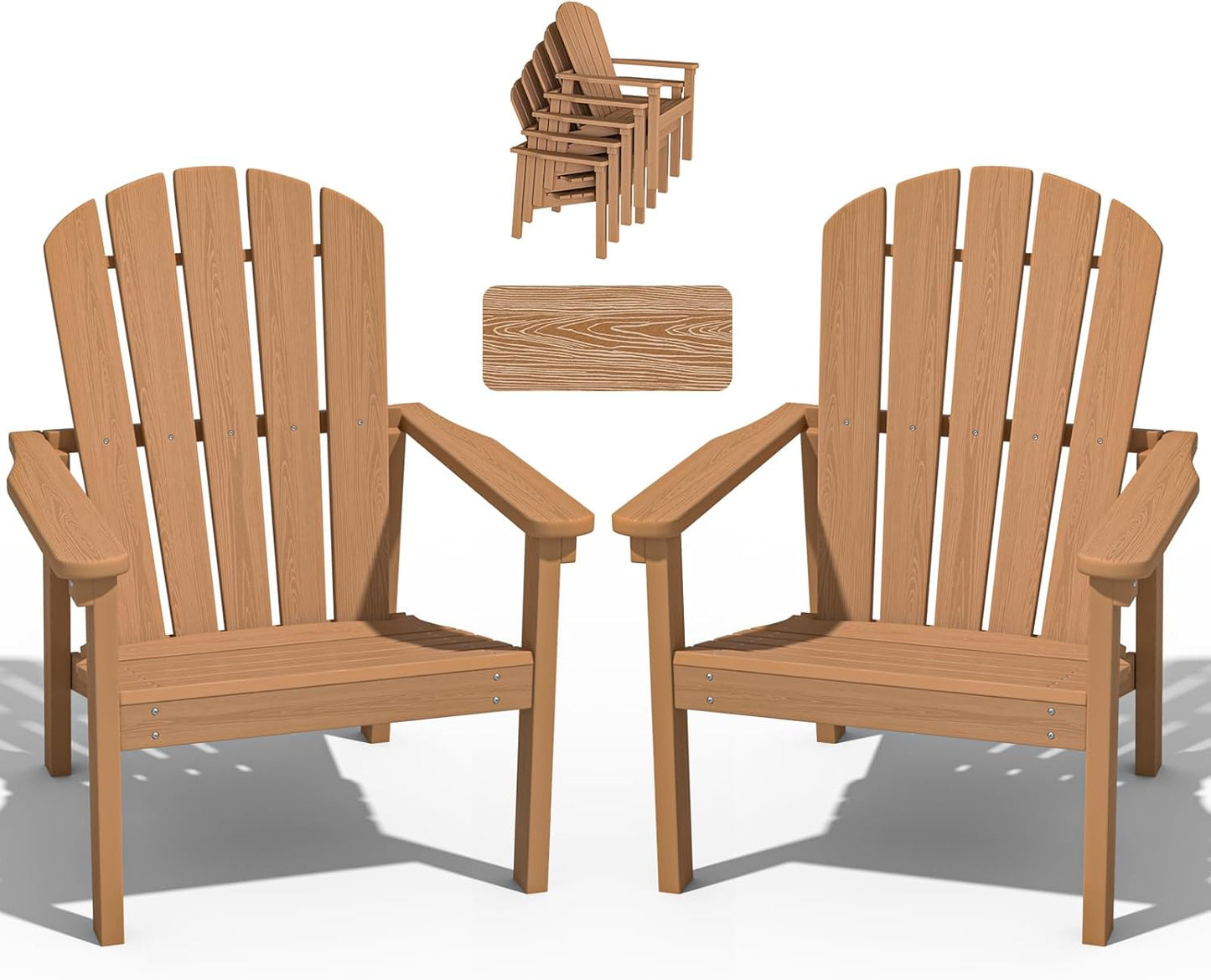 Stackable Adirondack Chair Set of 2, HDPE Outdoor Patio Chair - Durable and Space Saving, Suitable for Porches, Lawns or Garden, Teak