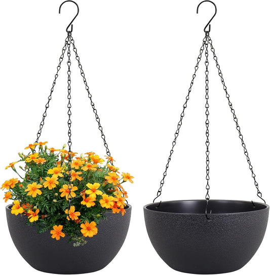 10 inch Hanging Planters for Indoor Outdoor Plants, 2 Pack Hanging Flower Pots with Drainage Holes and Chain for Garden Porch, Round Plastic Hanging Baskets for House Plants, Black