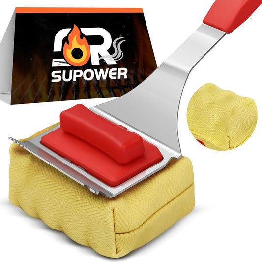 Steam Safe Grill Cleaning Brush Bristle Free and Scraper for Outdoor Grill with 15" Extended Handle, 3X Thick Aramid Fabric Replaceable Brush Heads, Triple-Groove Scraper Design for All Grates, Red