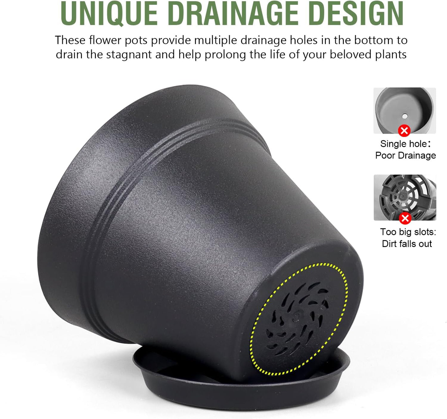 4 inch Small Plastic Nursery Pots, Seedling Pots - 16 Pack Plant Pots for Indoor & Outdoor Plants, Decorative Flower Pots with Drainage Holes and Saucers, Black