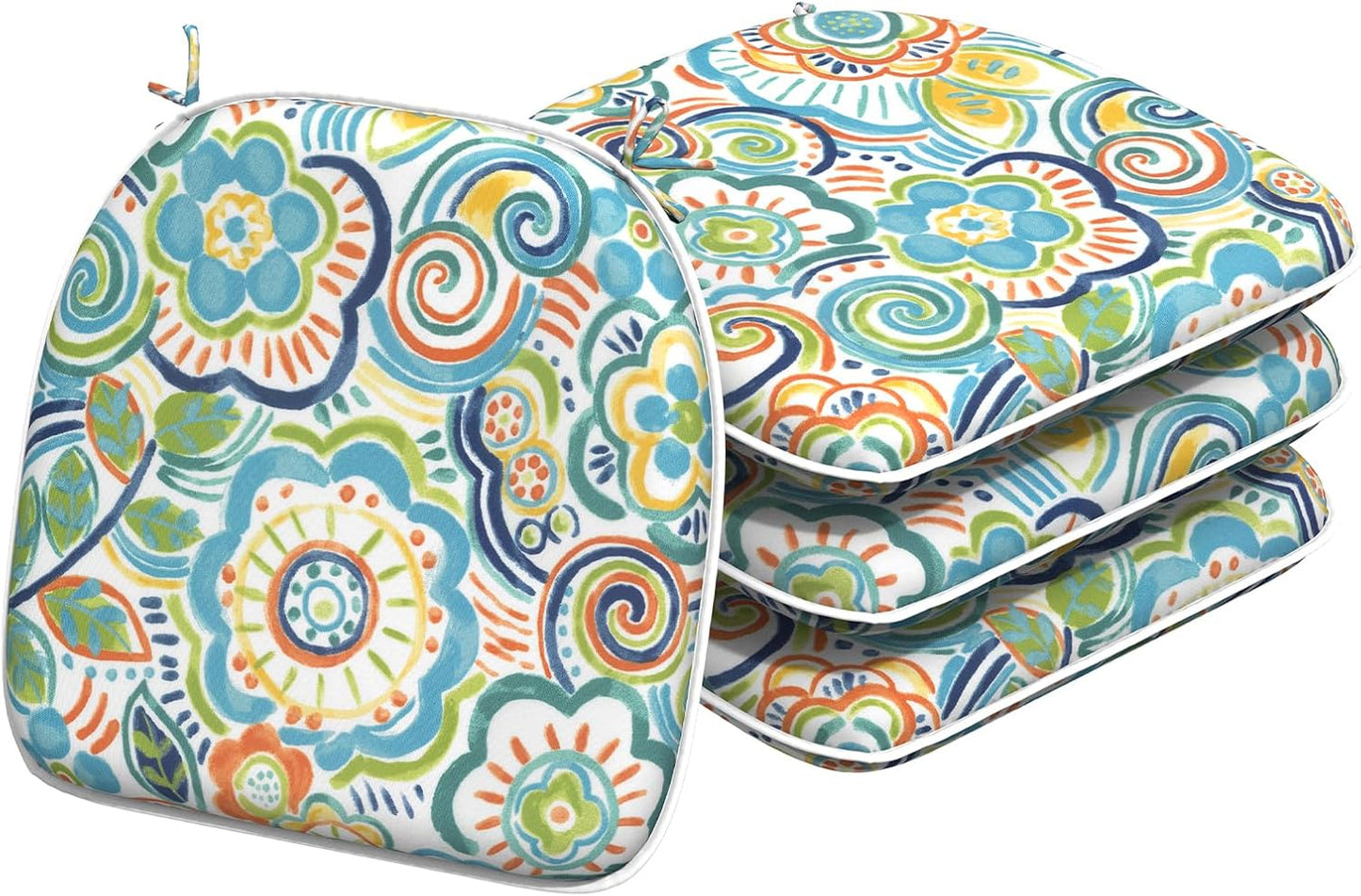 Indoor/Outdoor Chair Cushions 16x17 Inch, Patio Chair Cushions with Ties, All Weather Seat Cushions for Patio Furniture Home Garden Chair Use, Set of 4, Flower Blue