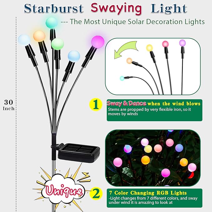 TONULAX Solar Garden Lights, Starburst Swaying When Wind Blows, Solar Lights Outdoor Decorative, Color Changing RGB Light for Yard Patio Pathway Decoration(4 Pack)