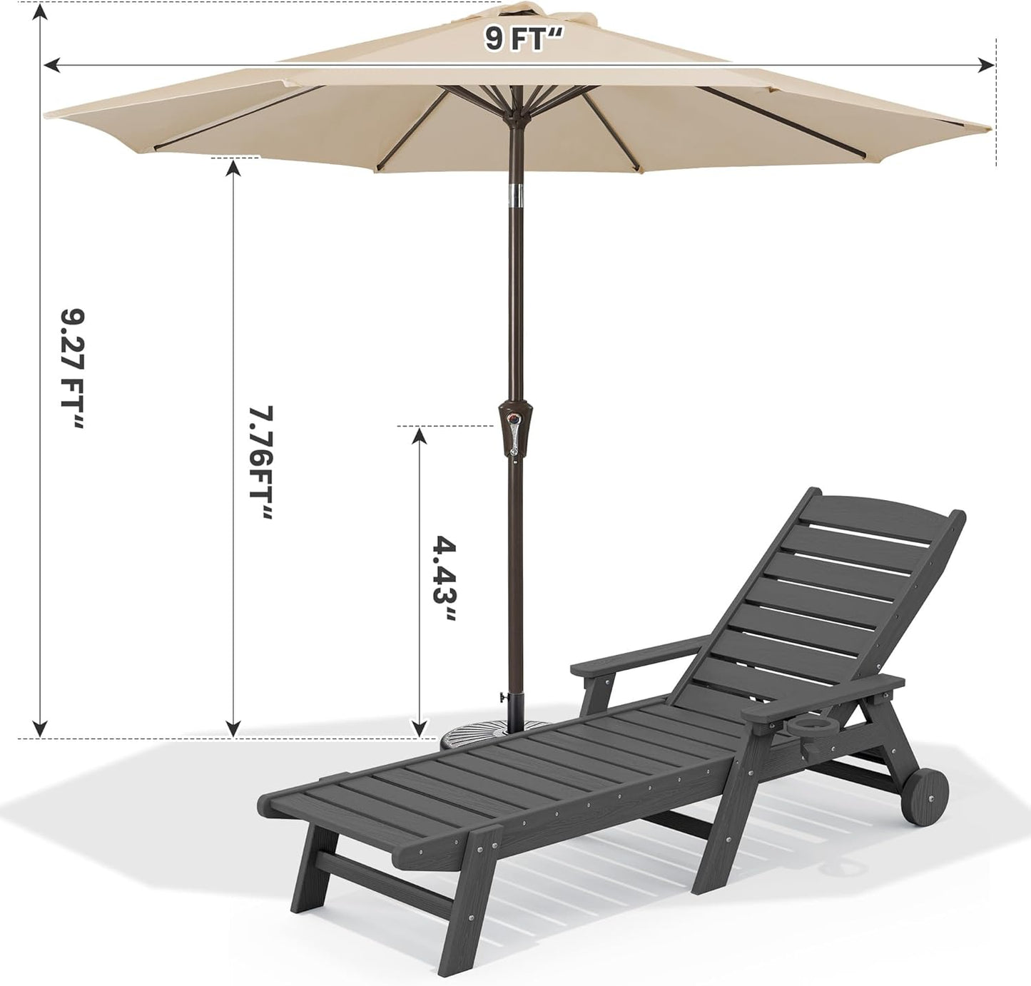 SERWALL Patio Chaise Lounge Chair Set of 2 with 9FT Patio Umbrella, 78'' HDPE Outdoor Lounger, Poly Lounge Chair with Rolling Wheels & Cup Holder for Pool,Slate Gray (Umbrella Base not Included)