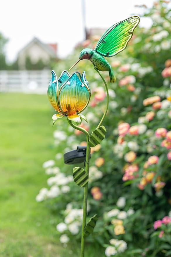 TERESA'S COLLECTIONS Glass Flower Bird Pathway Solar Outdoor Light for Garden Decor, 41'' Tulip and Hummingbird Metal Decorative Stakes Yard Art for Lawn Patio Porch Decorations, Gifts for Mom