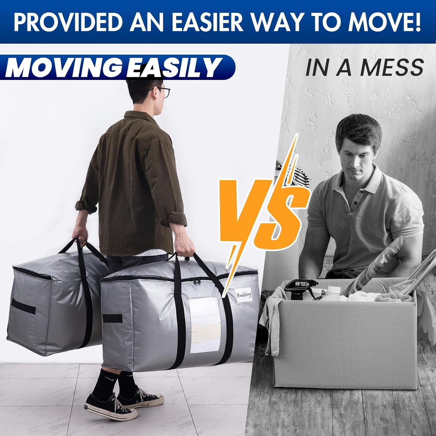 TAILI Extra Large Moving Bags, 10 Pack Silver Heavy Duty Totes For Storage with Visible Window, Wrap Around Handles, Storage Bags for Space Saving, Alternative to Moving Boxes