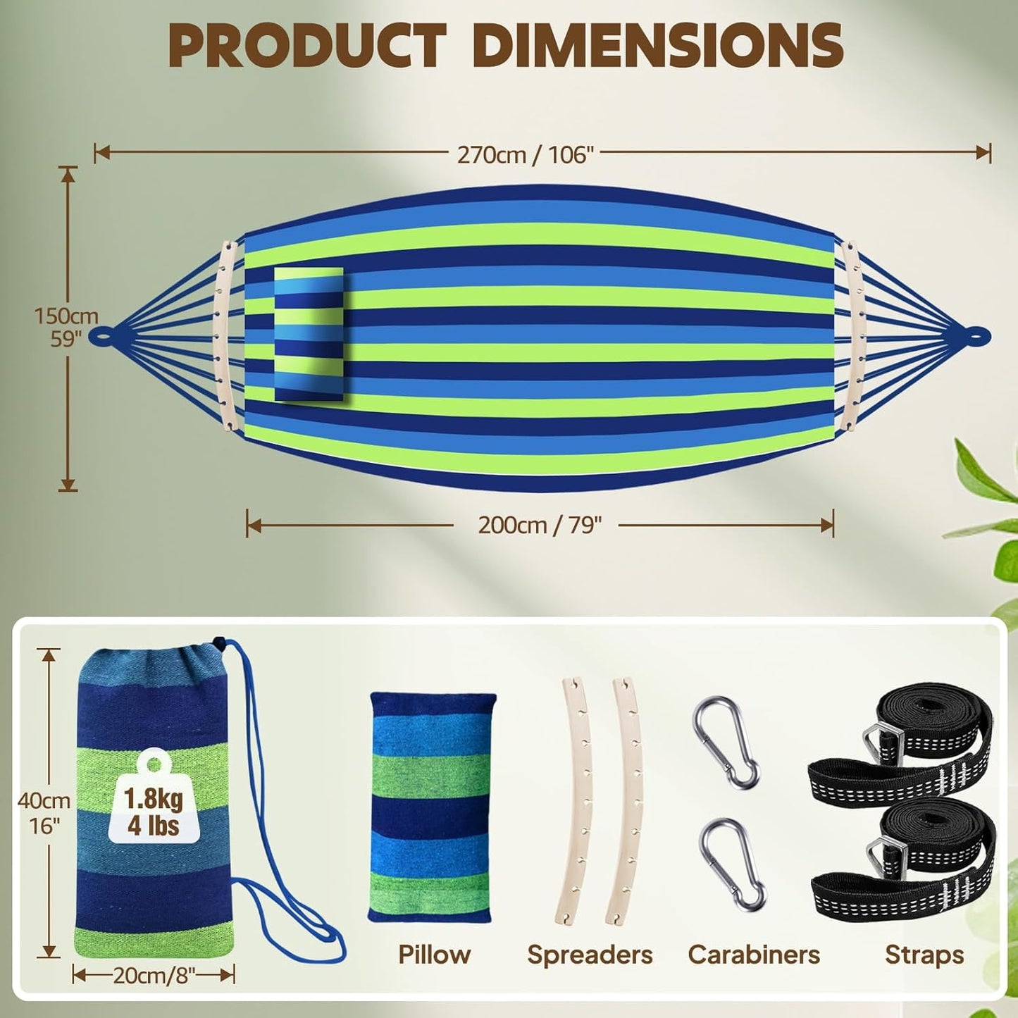 Chihee Cotton Hammock Large Soft Breathable Camping Hammock Holds Up to 660lbs Portable Tree Hammock with Detachable Spreader Bar Pillow 2 Strong Webbings 2 Carabiners Patio Garden Indoor Outdoor