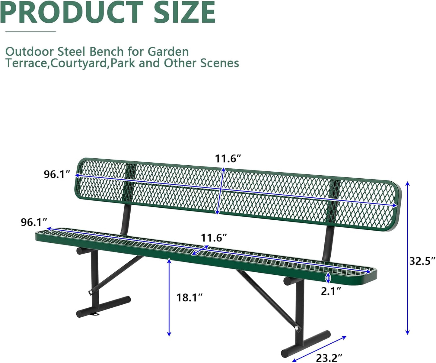 8FT Benches for Outside, Heavy-Duty Green Outdoor Garden Bench with Back, Metal Park Bench, Commercial-Grade Seating,Industrial Bench Patio Bench Furniture for Beach Yard School Shopping Centers