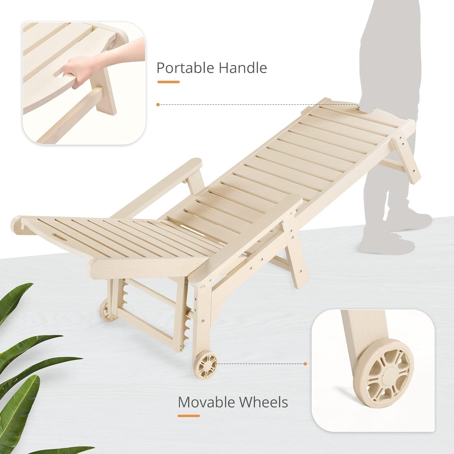 LUE BONA Outdoor Chaise Lounge Chairs Set of 2, HDPS Chaise Lounger, 5 Positions Adjustable Lounge Chairs, Pool Lounge Chair with Wheels for Poolside, Backyard, 3 Year Warranty, Sand