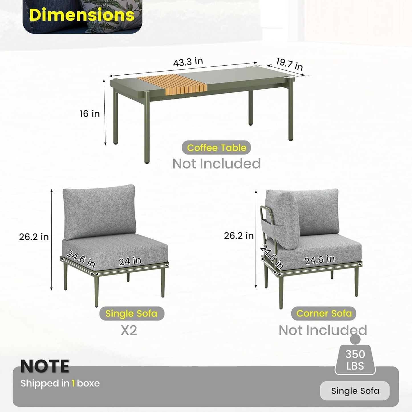 Sundale Outdoor 2 Pieces Metal Patio Furniture Set, Outdoor Sectional Sofa w/6 Inch Olefin Cushion, Modern Outdoor Conversation Sets