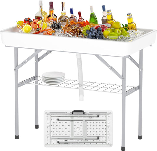 4 Foot Ice Cooler Table with Matching Skirt & Drain Hose, with Iron Stand, Portable Patio Outdoor Chilling Table Portable Bar for Events for Party, Picnic, BBQ, Camping (White)