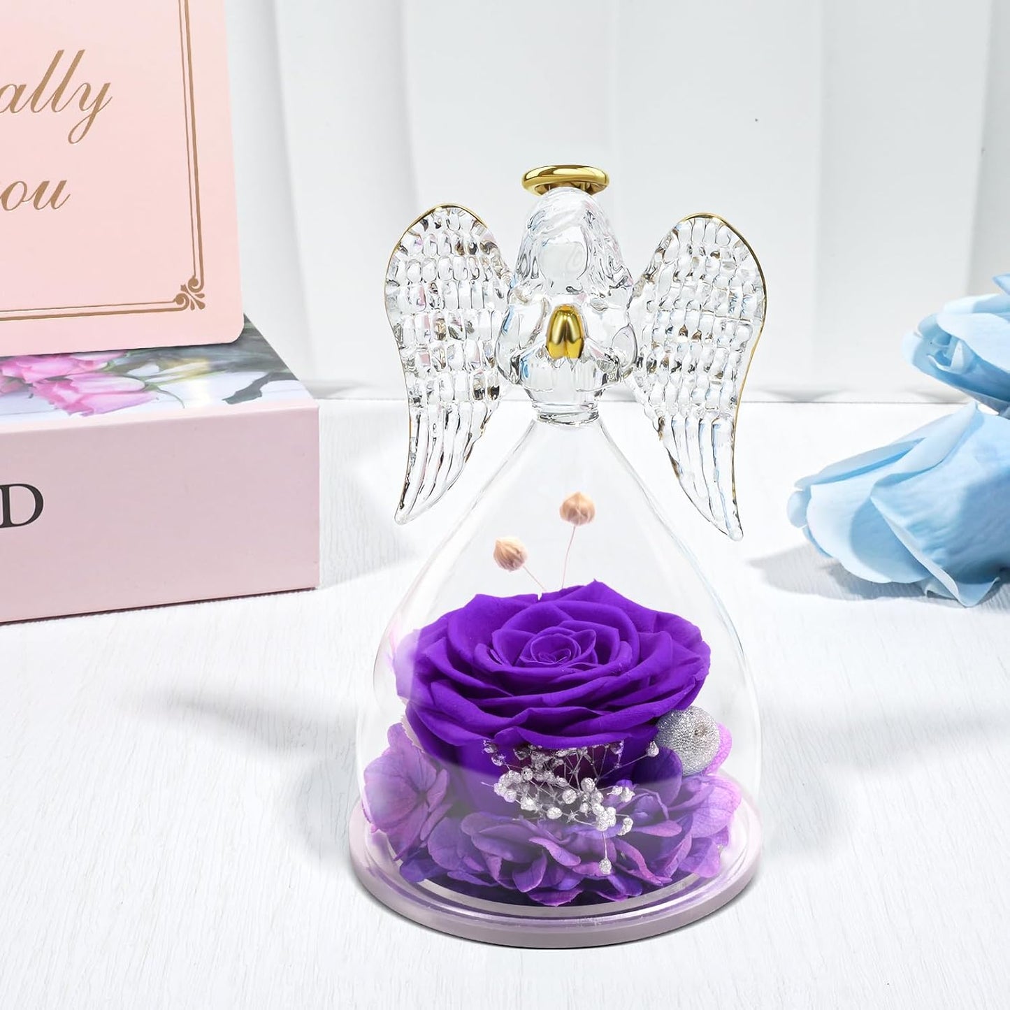 Yamonic Angel Figurines With Real Preserved Rose - Mom Birthday Gift for Grandma, Women - Mother's Day (Purple)