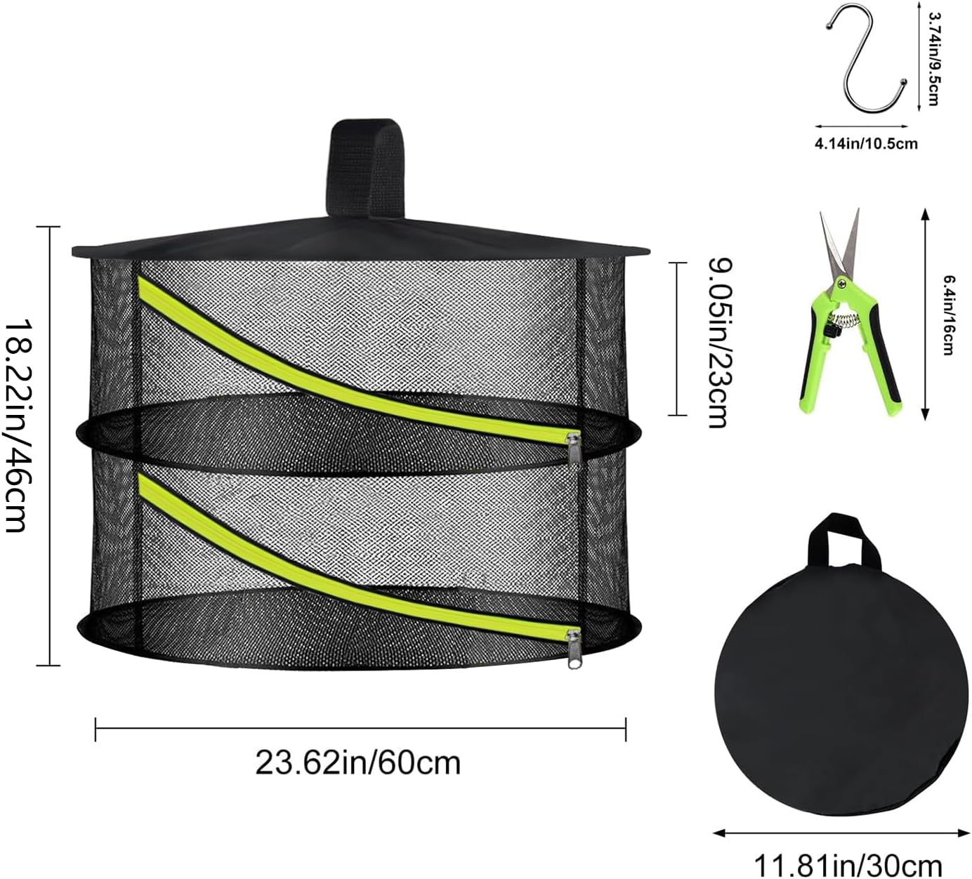 2 Layer Herb Drying Rack, Hanging Mesh Net, Foldable Plant Drying Rack with Diagonal Zipper, Garden Trimming Shears and Hooks, for Drying Herbs Plants, Fruits, Seafood, Clothing(2 Layers-23.62'')