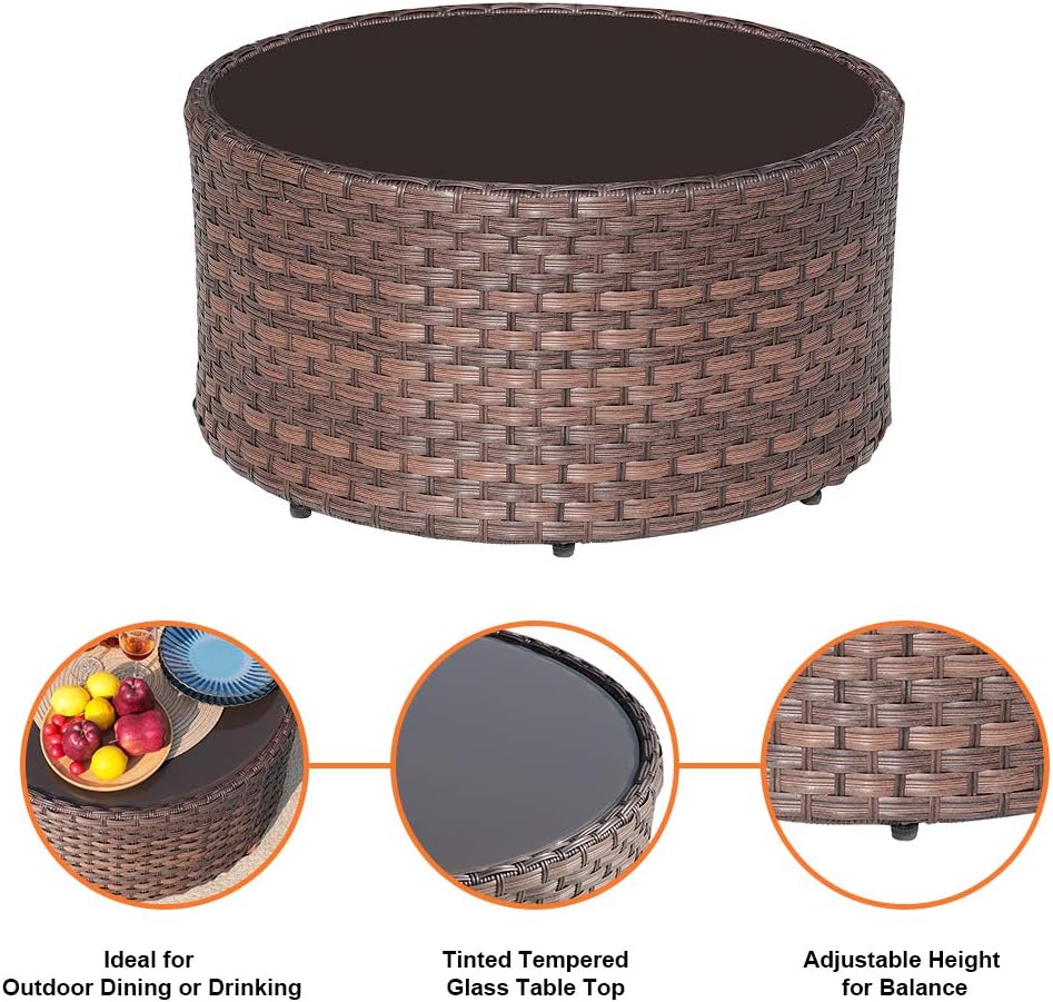 SUNSITT 5-Piece Half Moon Outdoor Sectional Sofa Set with Cover, Patio Brown PE Wicker Furniture with Beige Cushions & Tempered Glass Coffee Table