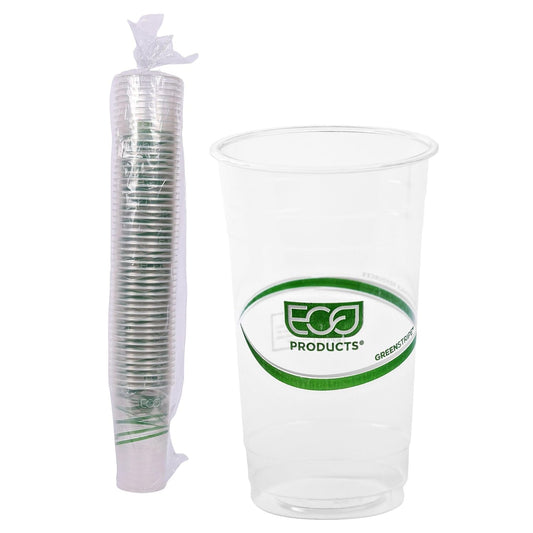 ECO PRODUCTS GreenStripe Clear Compostable 24oz PLA Large Plastic Cups, Pack of 50, Disposable Renewable Plant-Based Cold Cups, For Cold Drinks & Snacks, BPI Certified, ASTM Compliant.
