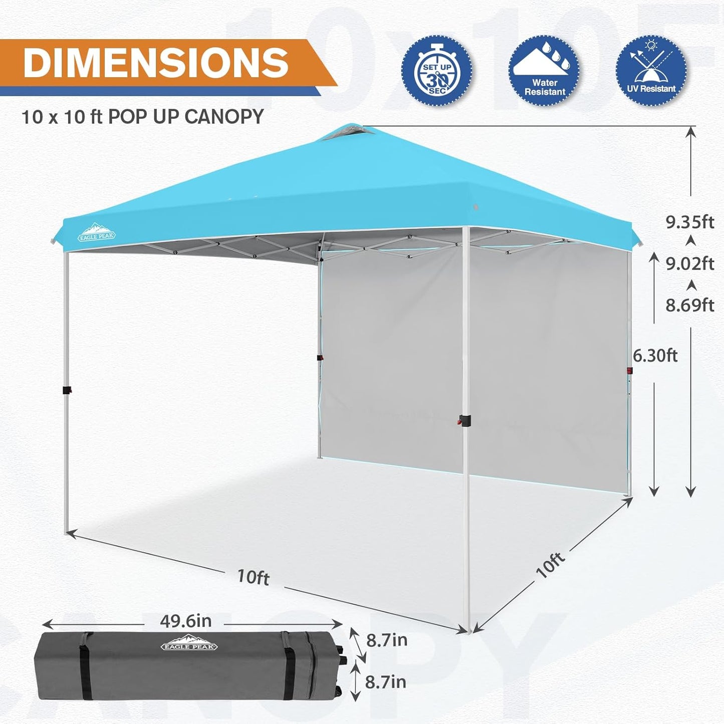 EAGLE PEAK Pop Up Canopy Tent with 1 Sidewall, Easy Setup Event Tent, Outdoor Sun Shade, Wheeled Carry Bag, Stakes and Guy Ropes, Instant Canopy 10x10, Light Blue