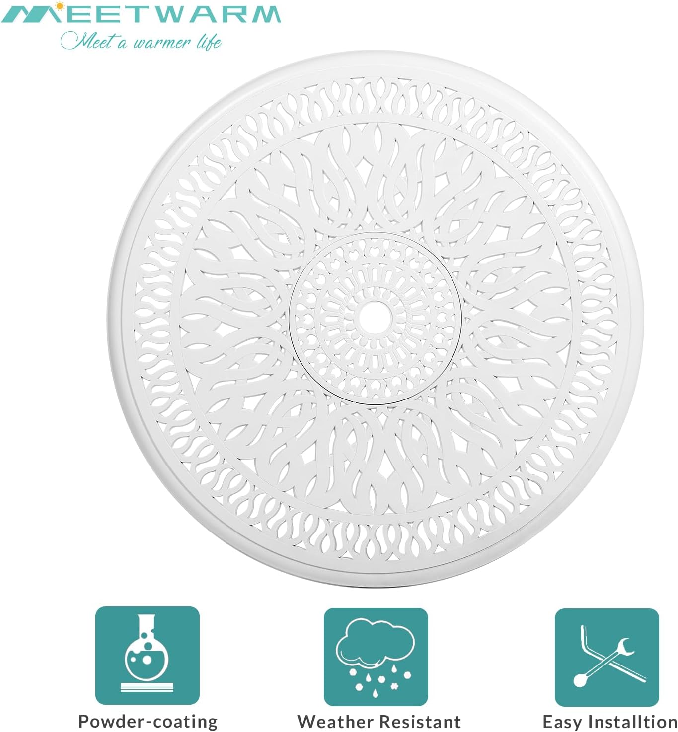 MEETWARM 3 Piece Patio Bistro Set, Outdoor All-Weather Cast Aluminum Dining Furniture Set Includes 2 Chairs and a 35.4” Round Table with Umbrella Hole for Garden Deck, White