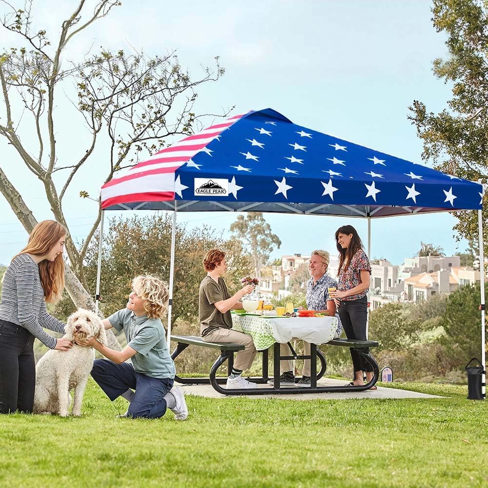EAGLE PEAK Pop Up Canopy Tent with Wheeled Carry Bag, 8 Stakes, 4 Ropes, 4 Weight Bags, Easy Set Up Tent Canopy, 10x10 ft, 100sqft of Shade, American Flag