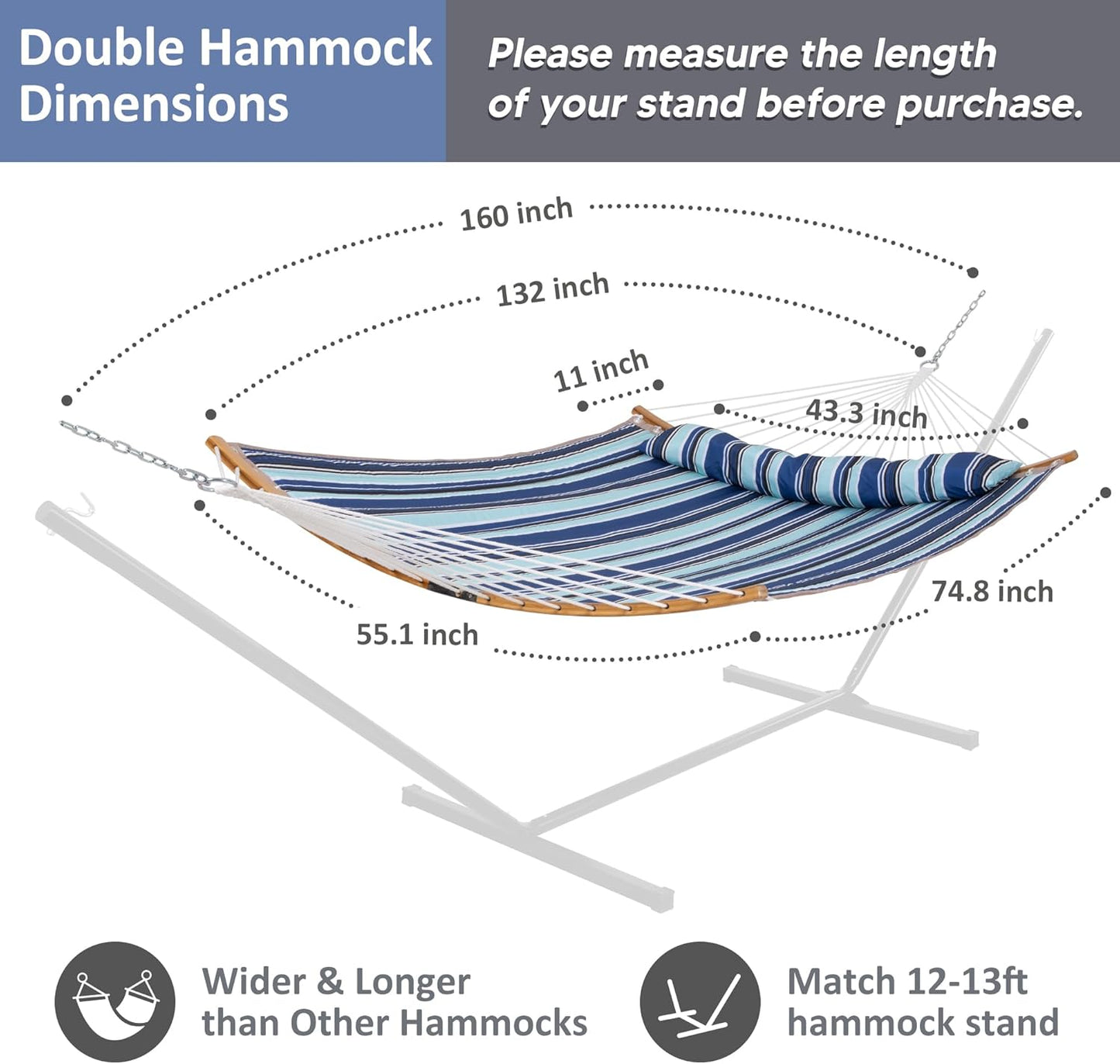 SUNCREAT Portable Hammock with Carrying Bag, 2 Person Hammock with Curved Spreader Bar, Blue Stripes