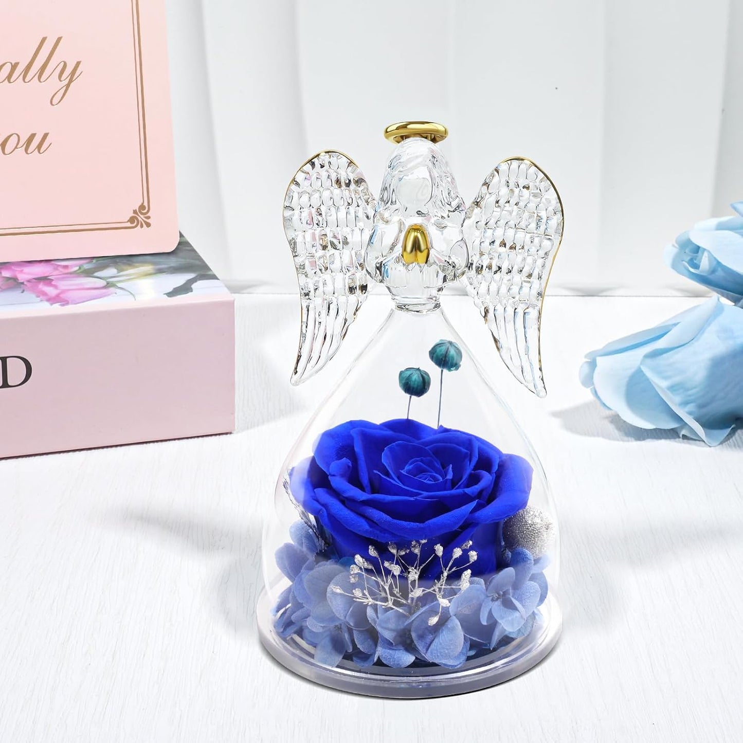 Yamonic Mom Birthday Gifts for Mom, Angel Figurines with Real Rose Gifts for Her Mom Grandma,Preserved Flowers Rose Angel Figurines for Mothers Day Christmas Anniversary Birthday Gifts for Her (Blue)