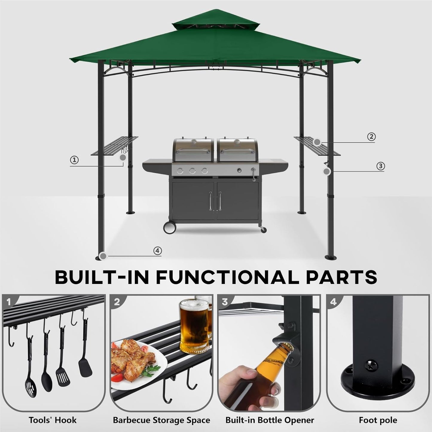 COOSHADE 8'x 5' Grill Gazebo Double Tiered Outdoor BBQ Gazebo Canopy with LED Light (Forest Green)