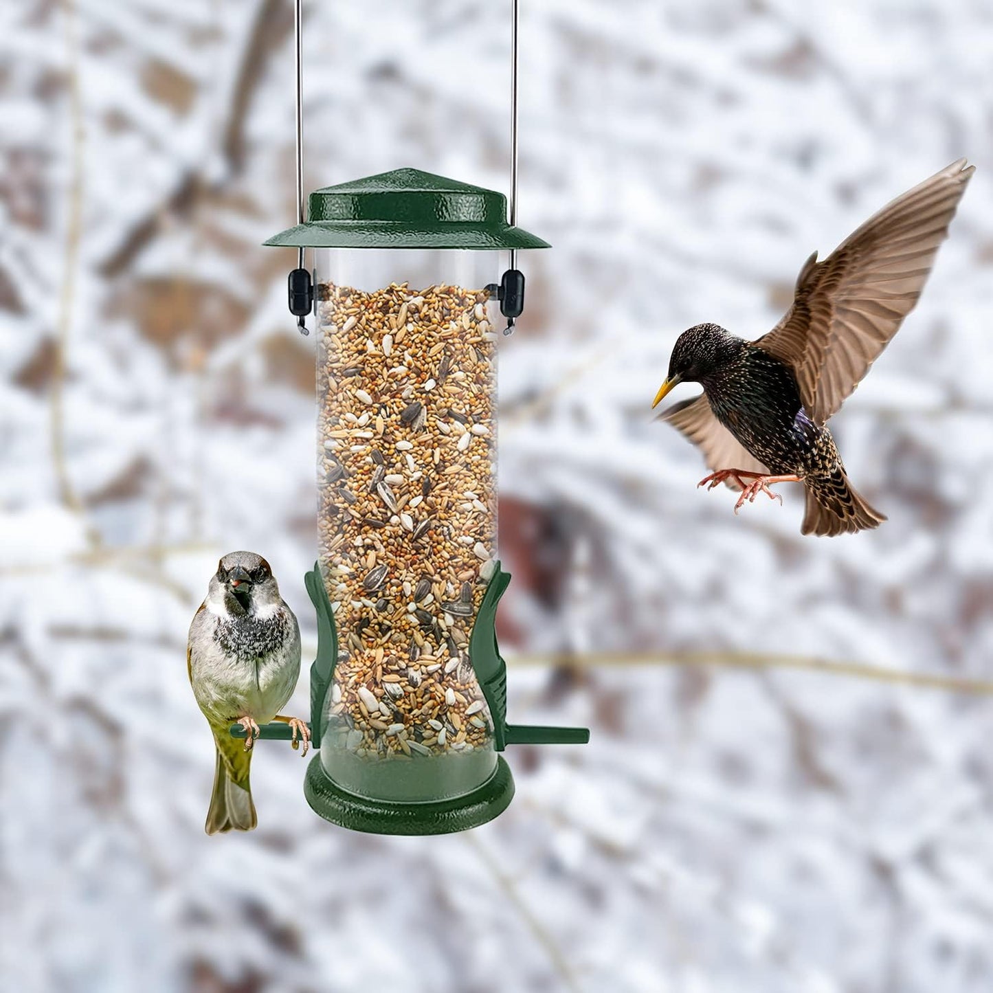 MIXXIDEA Wild Bird Feeders For Outdoors Hanging Stainless Steel Hanging Bird Feeder Tube, Finch Feeder For Garden Backyard Decoration Attractive Water Resistant Bird Feeders For Outside Green - 2 Pack