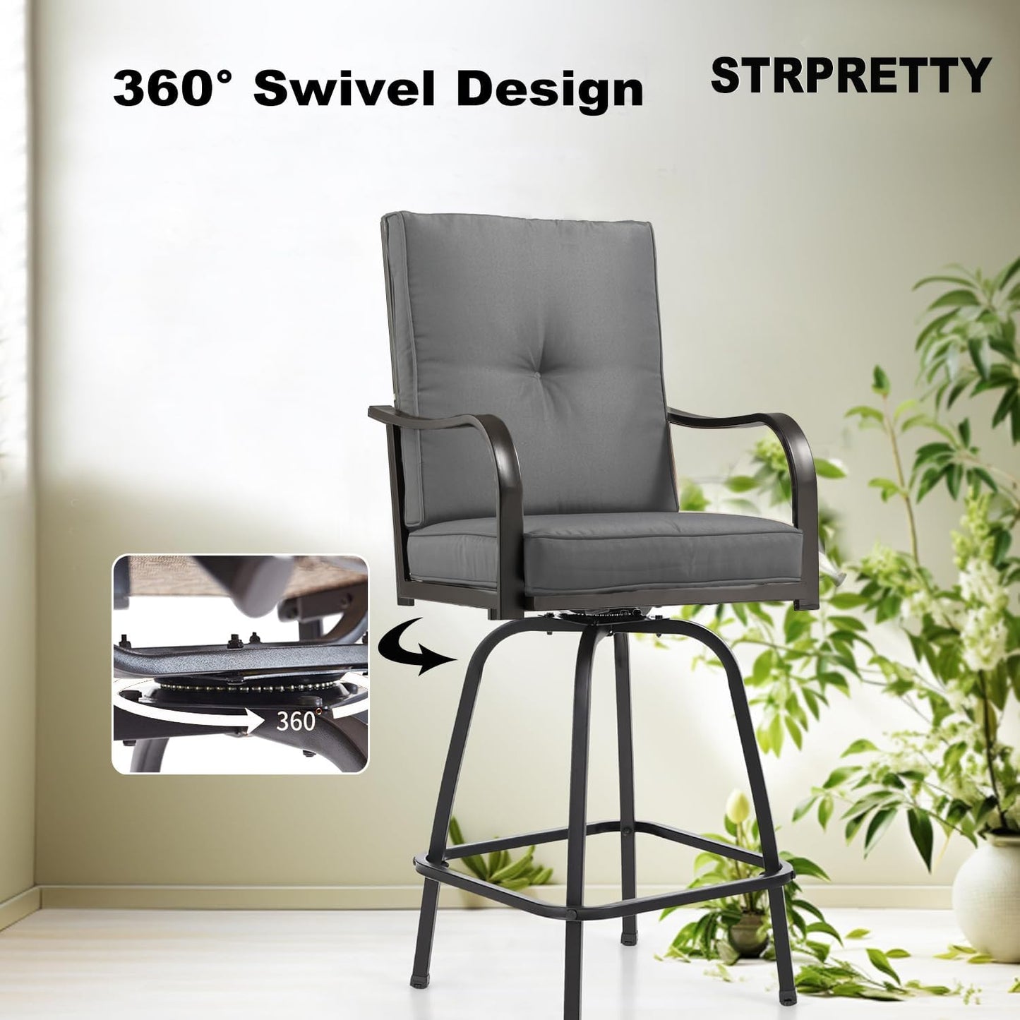 Patio Swivel Bar Stools Set of 4, Outdoor Bar Height Patio Swivel Chairs with Cushion for Garden Balcony Backyard (Grey)