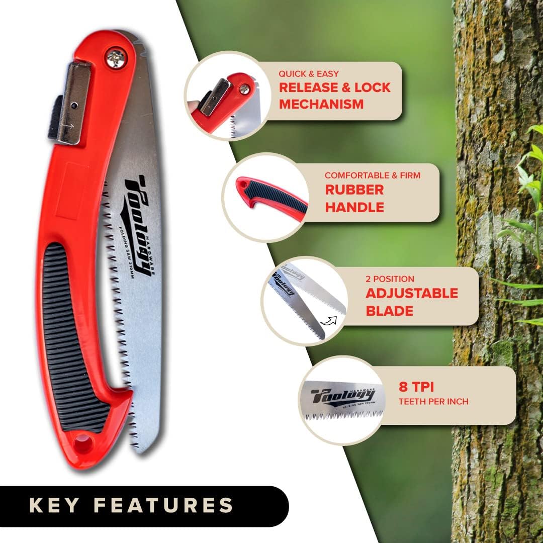 8" Folding Hand Pruning Saw for Gardening, Camping, Wood/Tree Cutting, Made with Heavy Duty SK-5 Steel (Red)