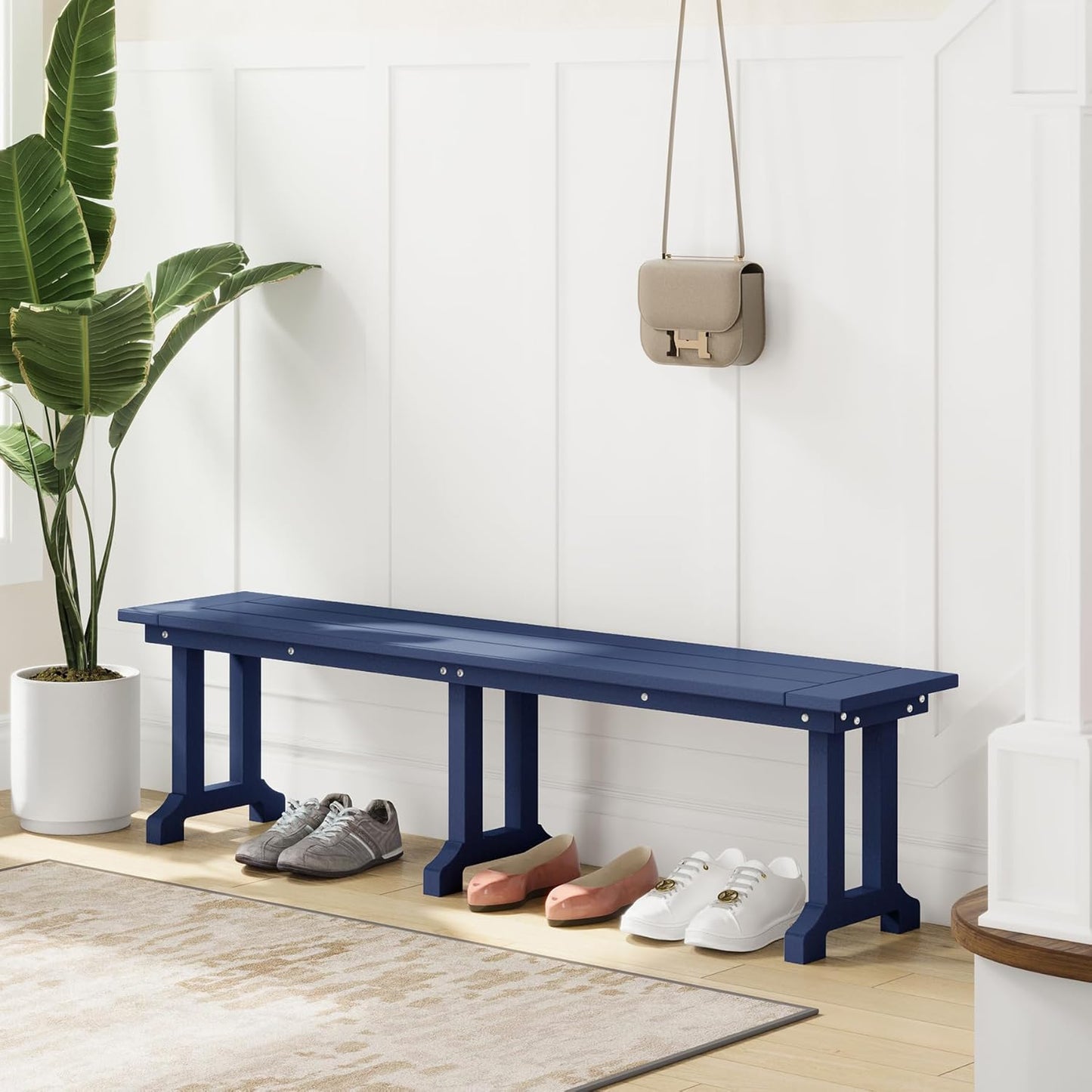 Outdoor Benches Weatherproof, Park Long Bench Poly Lumber Backless for Entryway Front Porch Garden Bench Seat for Patio, Navy Blue