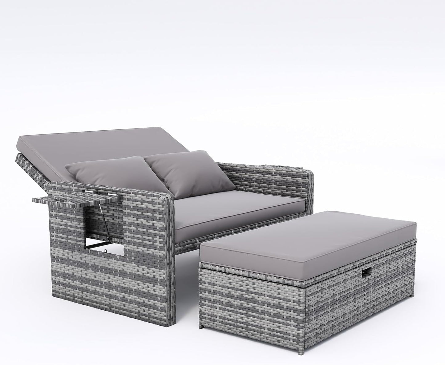 Amopatio Wicker Outdoor Daybed - Outdoor Loveseat with Storage Ottoman,4-Level Adjustable Backrest & Cushions, Patio Loveseat for Yard, Balcony, Porch, Garden, Poolside（Grey）