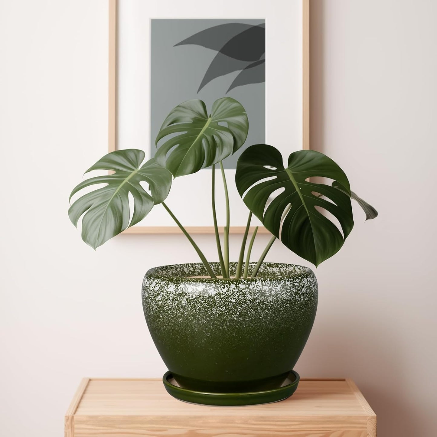 10 Inch Planter Pot - Ceramic Pots for Plants with Drainage Hole and Saucer, Round Large Flower Pot for Indoor Plants, Dark Green