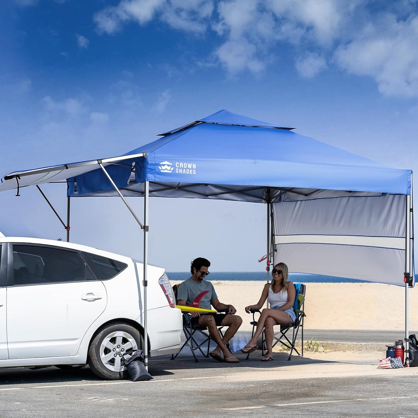 CROWN SHADES 10x10 Pop up Canopy Tent Patended Centerlock Instant Commercial Canopy with 150D Silver Coated Fabric Including 2 Extend Awnings, 4 Ropes, 8 Stakes, 4 Weight Bags, STO 'N Go Bag, Blue