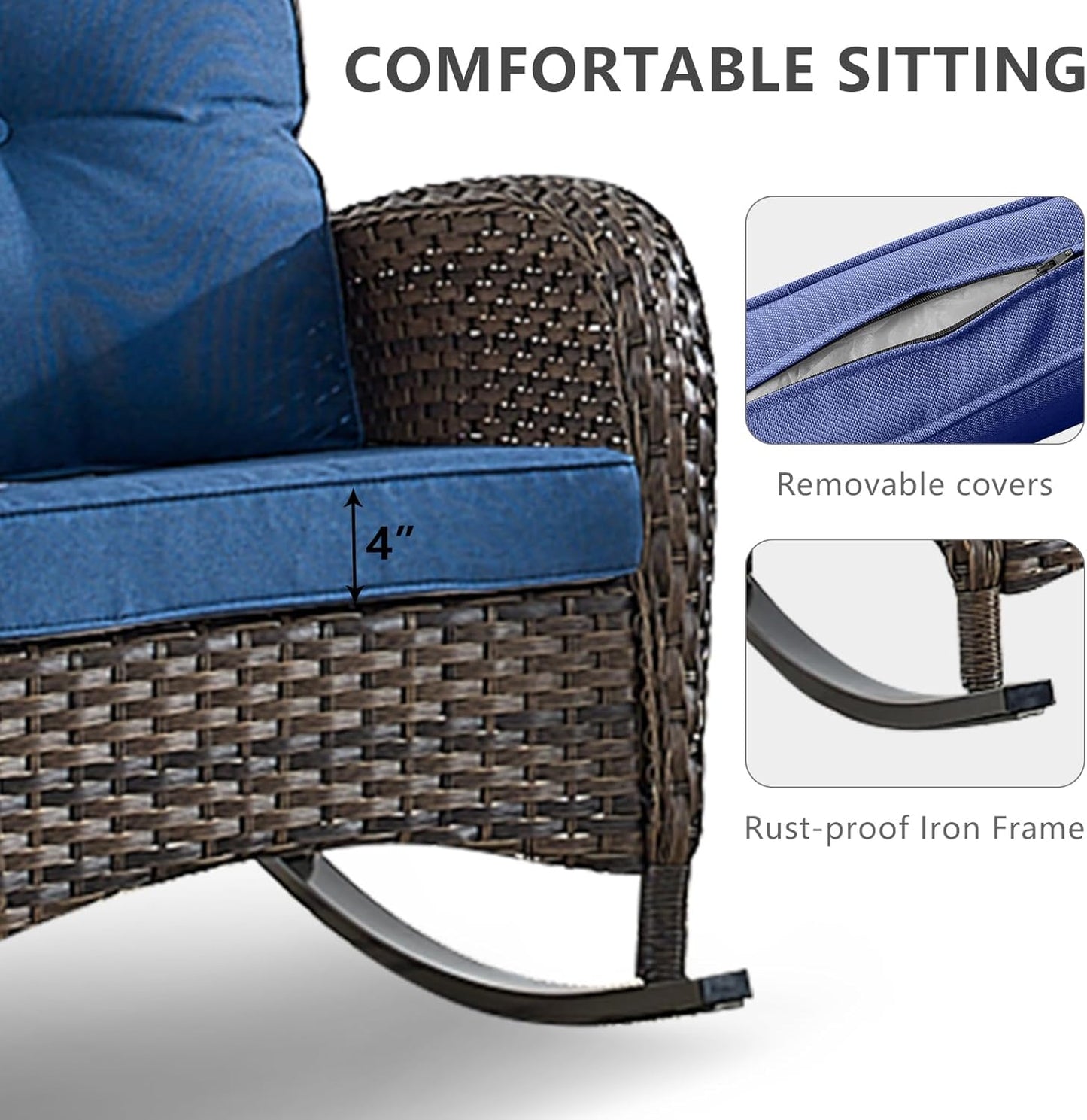 HUMMUH 5 Pieces Wicker Patio Furniture Set,Outdoor Rocker Chairs,Patio Ottomans,Glass Top Side Table,Outdoor Conversation Set for Porch Deck Backyard Poolside