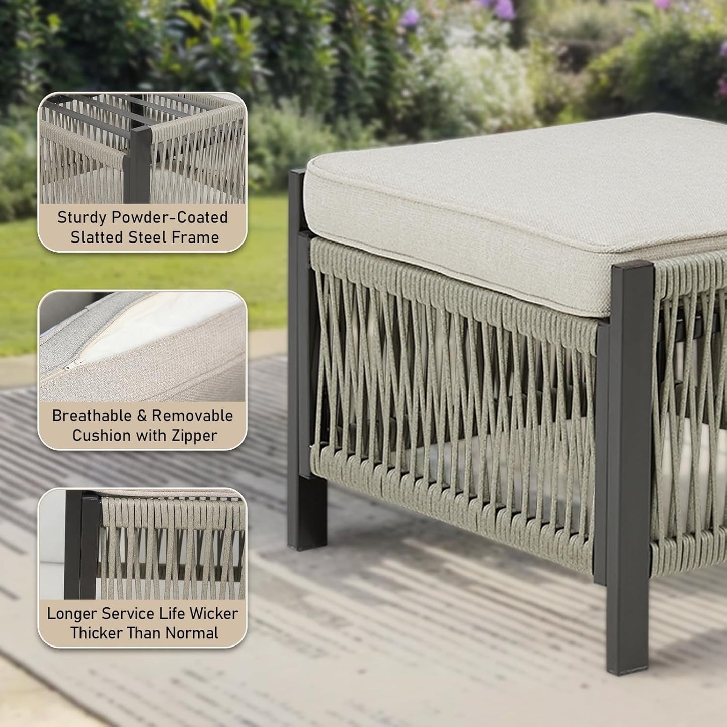 3 Pieces Patio Furniture Set, Outdoor Sectional Wicker Patio Couch with Ottoman & Washable Cushions All-Weather PE Rattan Patio 3-Seating Sofas for Garden, Porch, Backyard - Beige