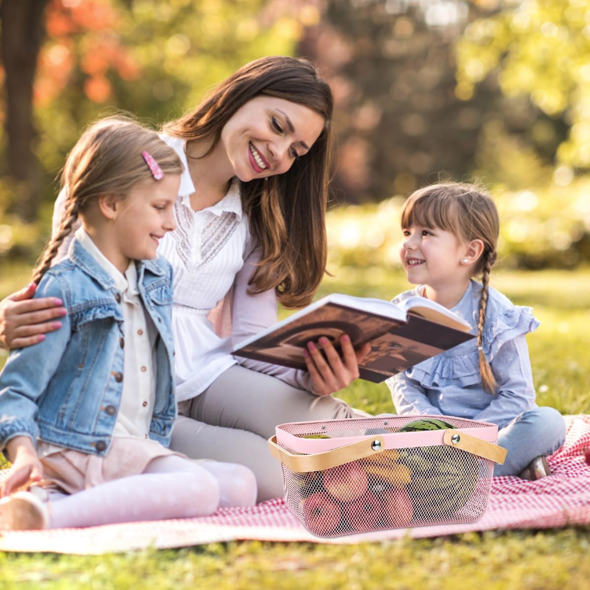 Portable Mesh Harvest Basket - Natural Bamboo Handle Foldable Organizer for Kitchen, Garden & Picnic | Ventilated Storage Bin with Rust-Proof Wire, Space-Saving Farmhouse Decor (Pink)