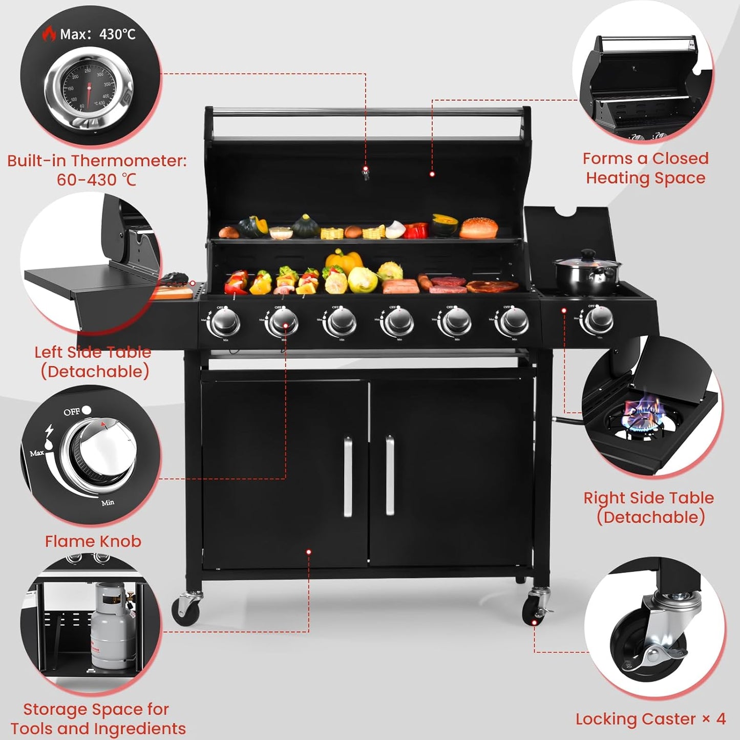 Q032-6-Burner w/Side Burner Gas Grill with 403 SQ.IN. Outdoor Grill with 60,000 BTU,Propane Grills with Top Cover Lid,Grills Outdoor Cooking for Patios,Balcony,Camping,Garden