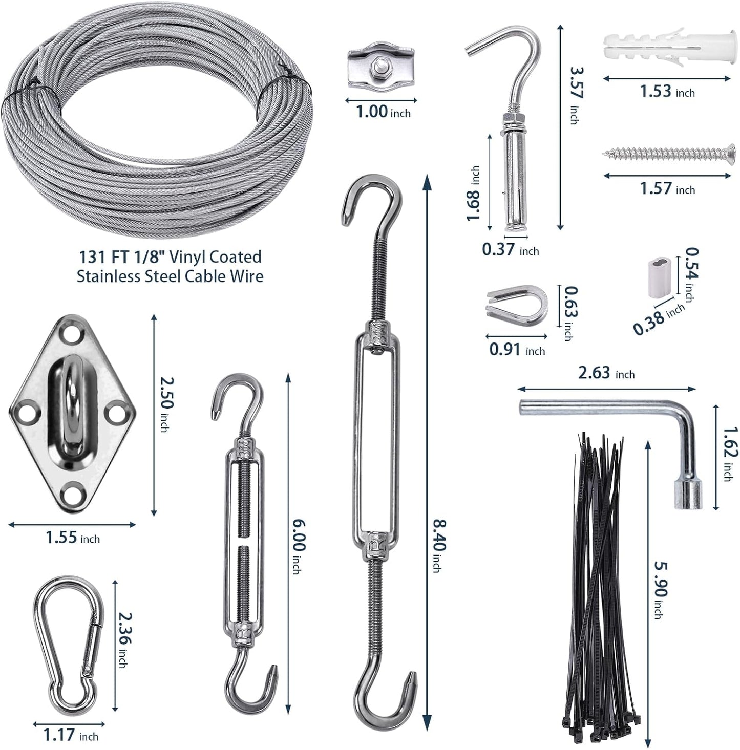 Shade Sail Hardware Kit 6 inch with 131FT 1/8" Wire Rope Kit for Triangle Rectangle Sun Shade Sail Outdoor Installation turnbuckles for Cables Wire for Outdoor,Garden,Kitchen,Craft,243PCS
