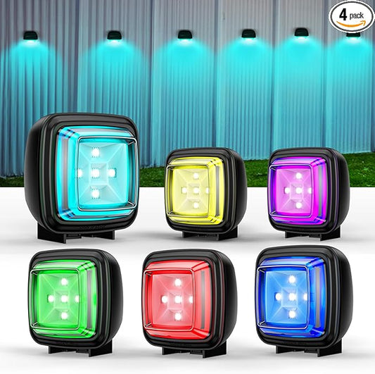 Solar Step Lights Outdoor Waterproof, 4 Pack RGB & 7 RGB Outdoor Solar Lights for Fence with 2 Lighting Modes, Solar Powered Deck Lights for Step Stairs Garden Yard