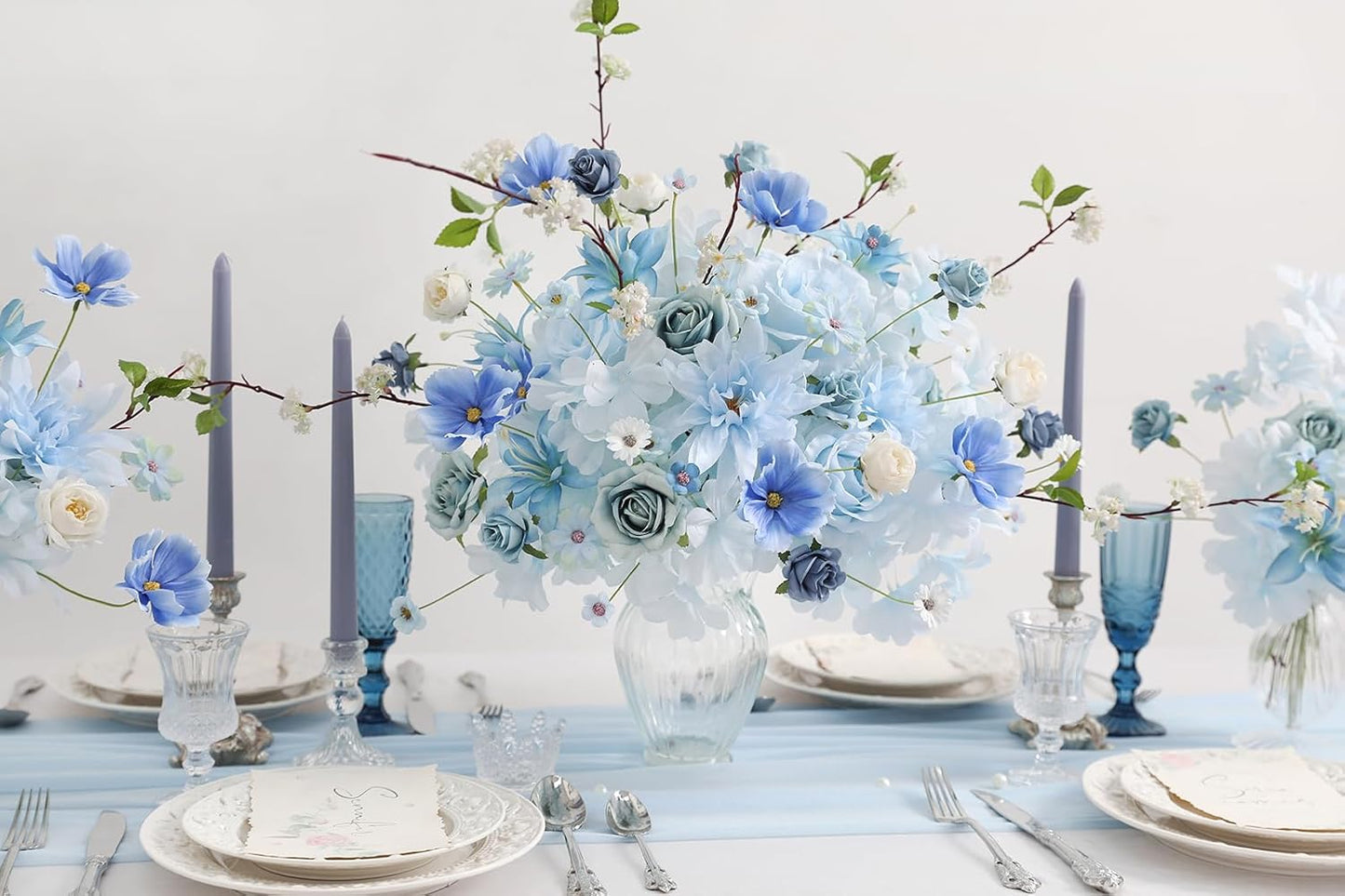 YYHUAWU Fake Flower Heads Mini Blue Artificial Flower Faux Dahlia Rose Flowers Multicolor Silk Daisy Flower Heads for Craft Garland Wedding Bridal Baby Shower Home Party Decoration DIY Cake Decor