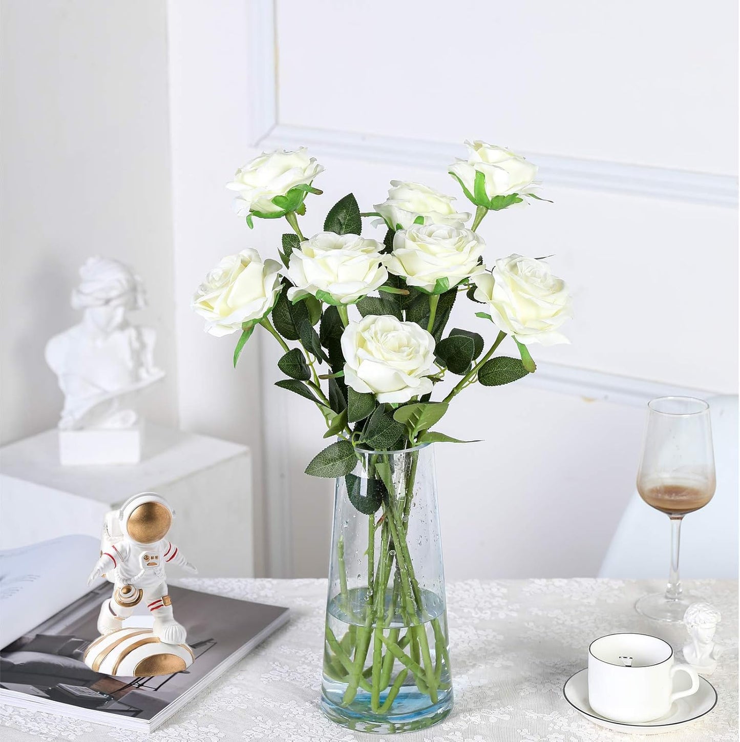 Hawesome 12PCS Artificial Silk Flowers Realistic Roses Bouquet Long Stem for Home Wedding Decoration Party (12PCS-Cream White 1)