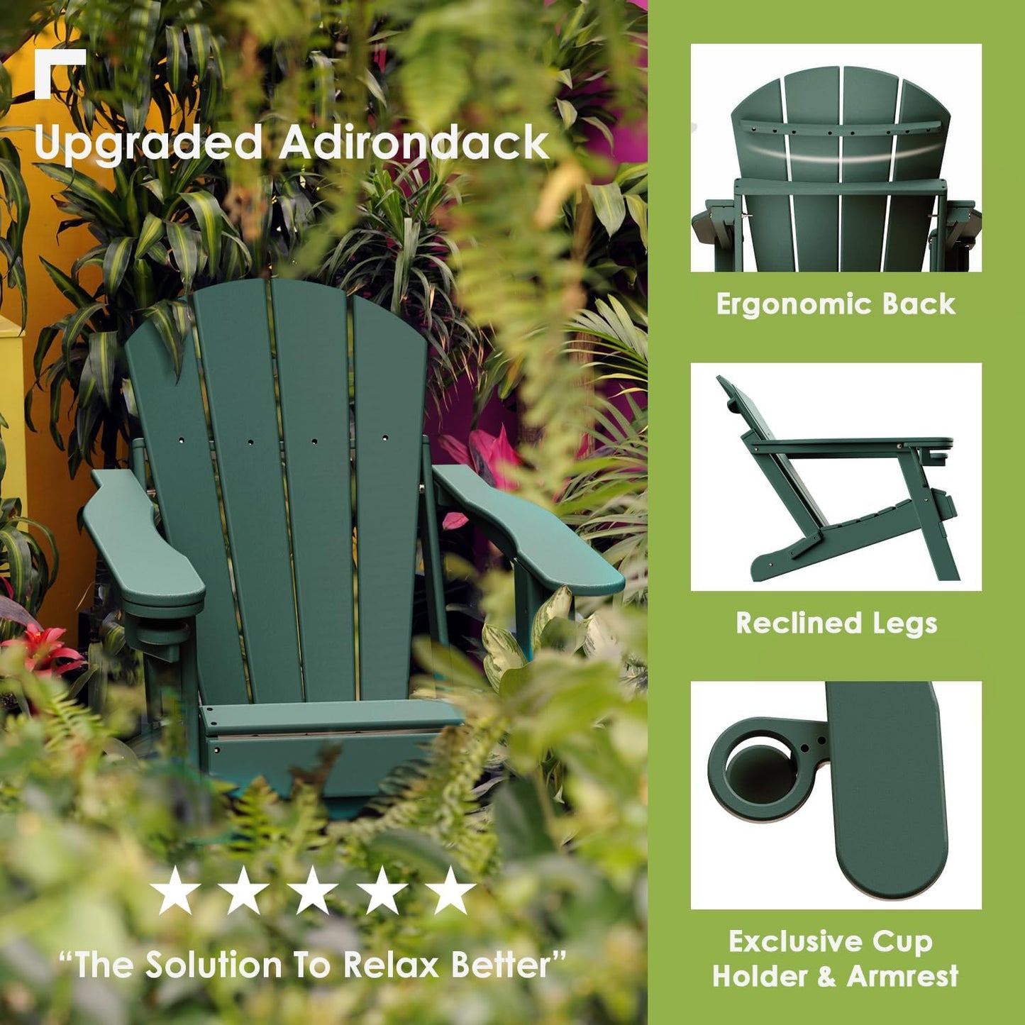 GREENVINES Folding-Adirondack-Chairs-Set-of-6 | HDPE Plastic | Fire Pit Chair | All Weather | Cup Holder | Forest | for Deck Backyard Patio Outdoor Garden