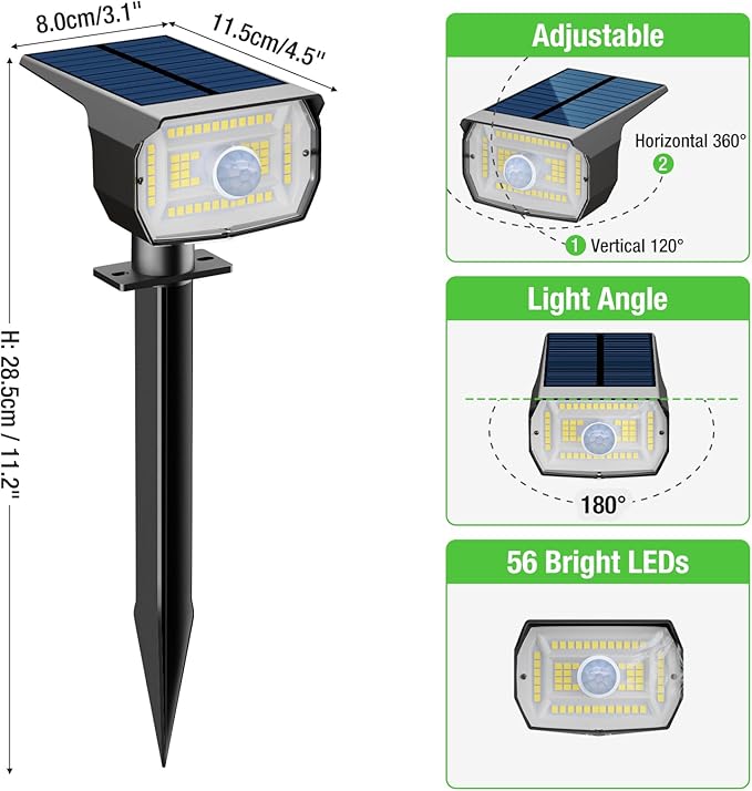 Solar Spot Lights Outdoor Motion Sensor with 3 Modes, [ 8 Pack/56 LED ] Solar Spotlights Outdoor Waterproof 2-in-1 Auto On/Off Solar Landscape Lighting for Outside Yard Wall Garden Pathway, Warm White